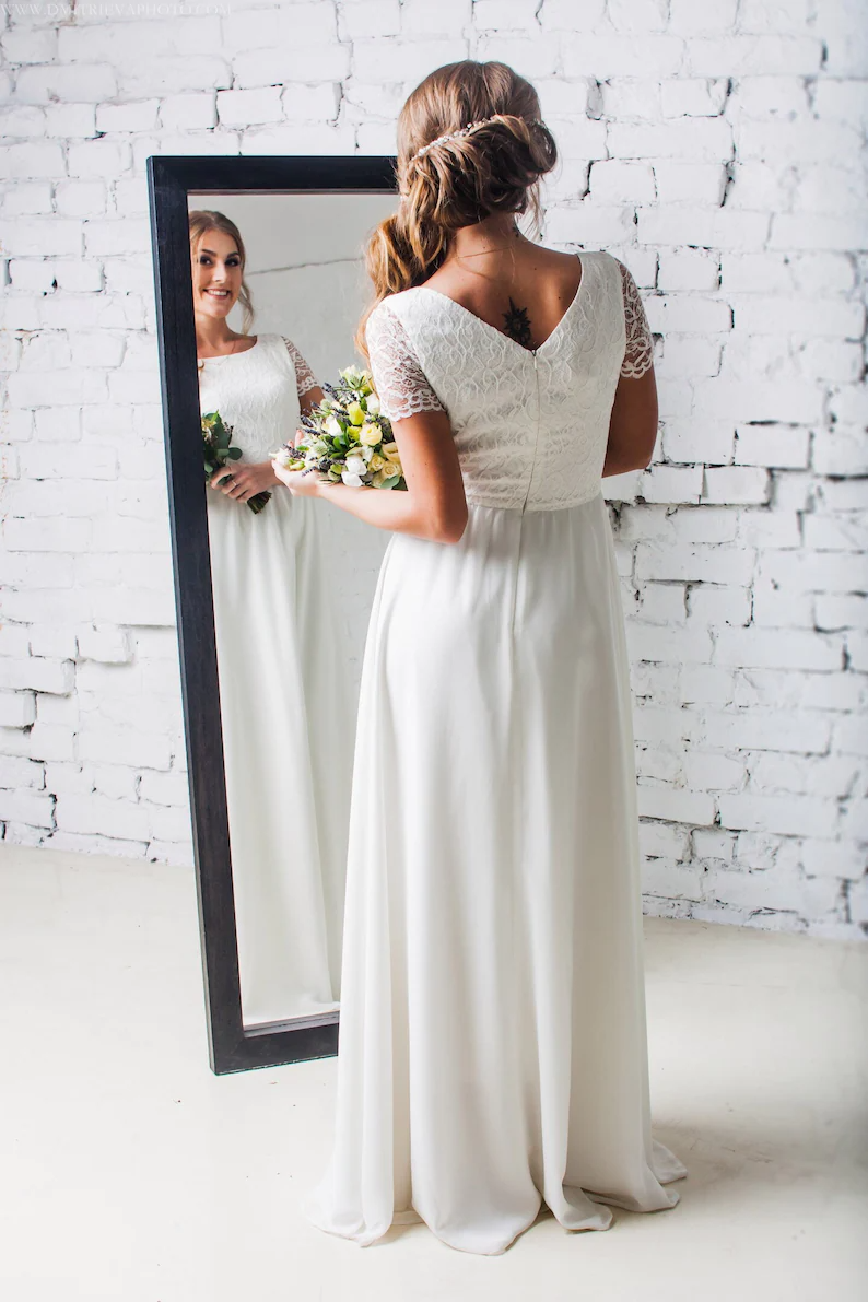 Lace wedding dress • A-line dress • boho wedding dress • simple weddin –  BridalgardenStudio