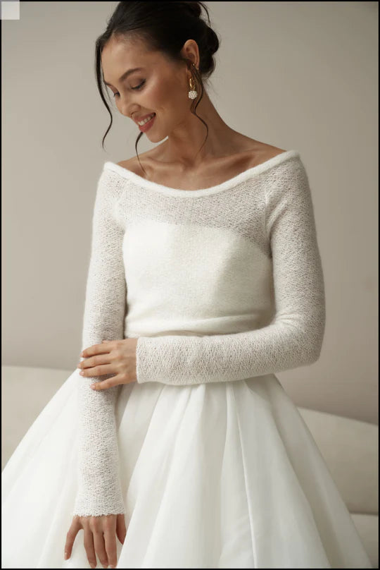 Off - shoulder wool bridal top. Bridal top for autumn wedding.