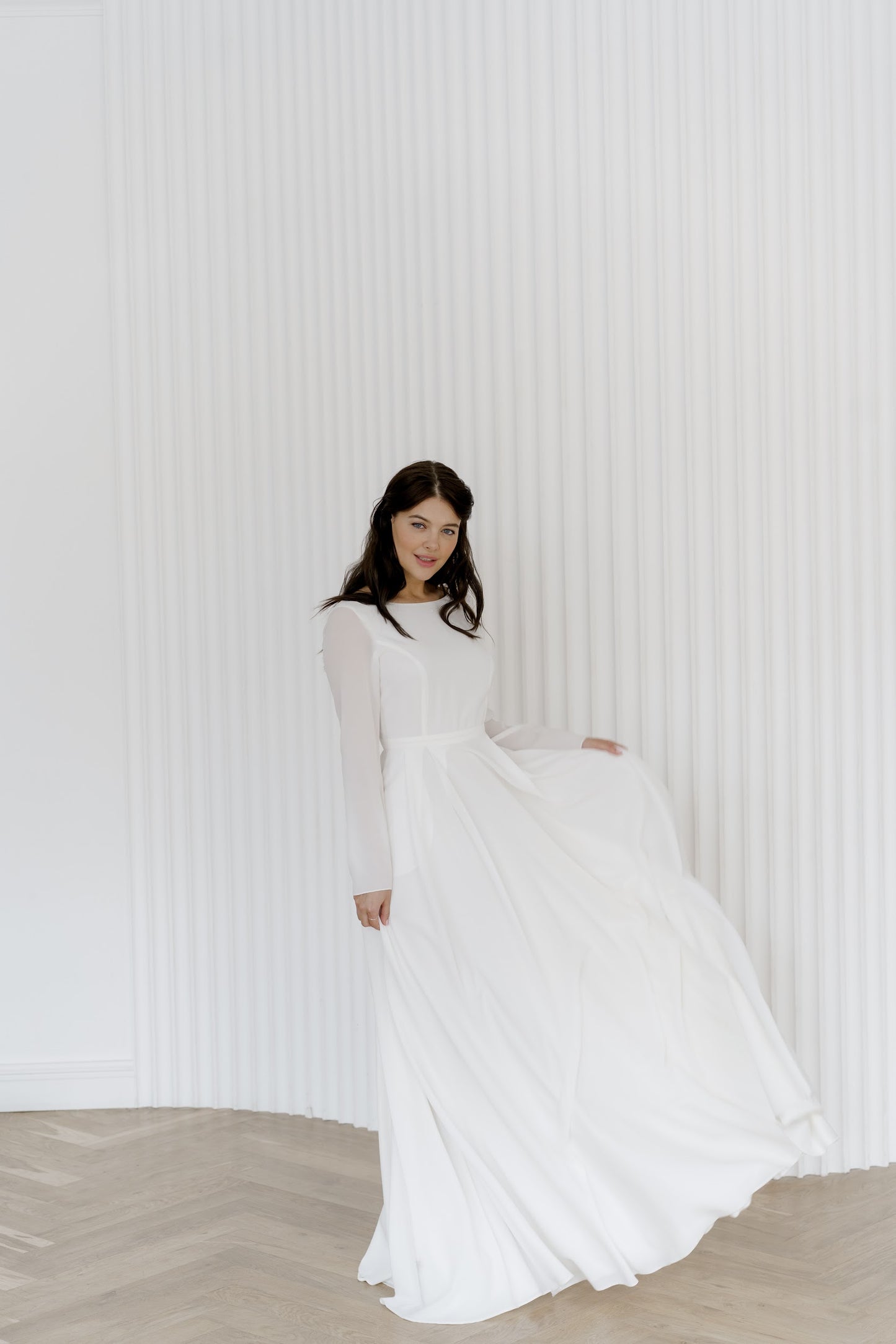 Modest wedding dress with pockets, A-Line dress, long sleeves crepe wedding dress