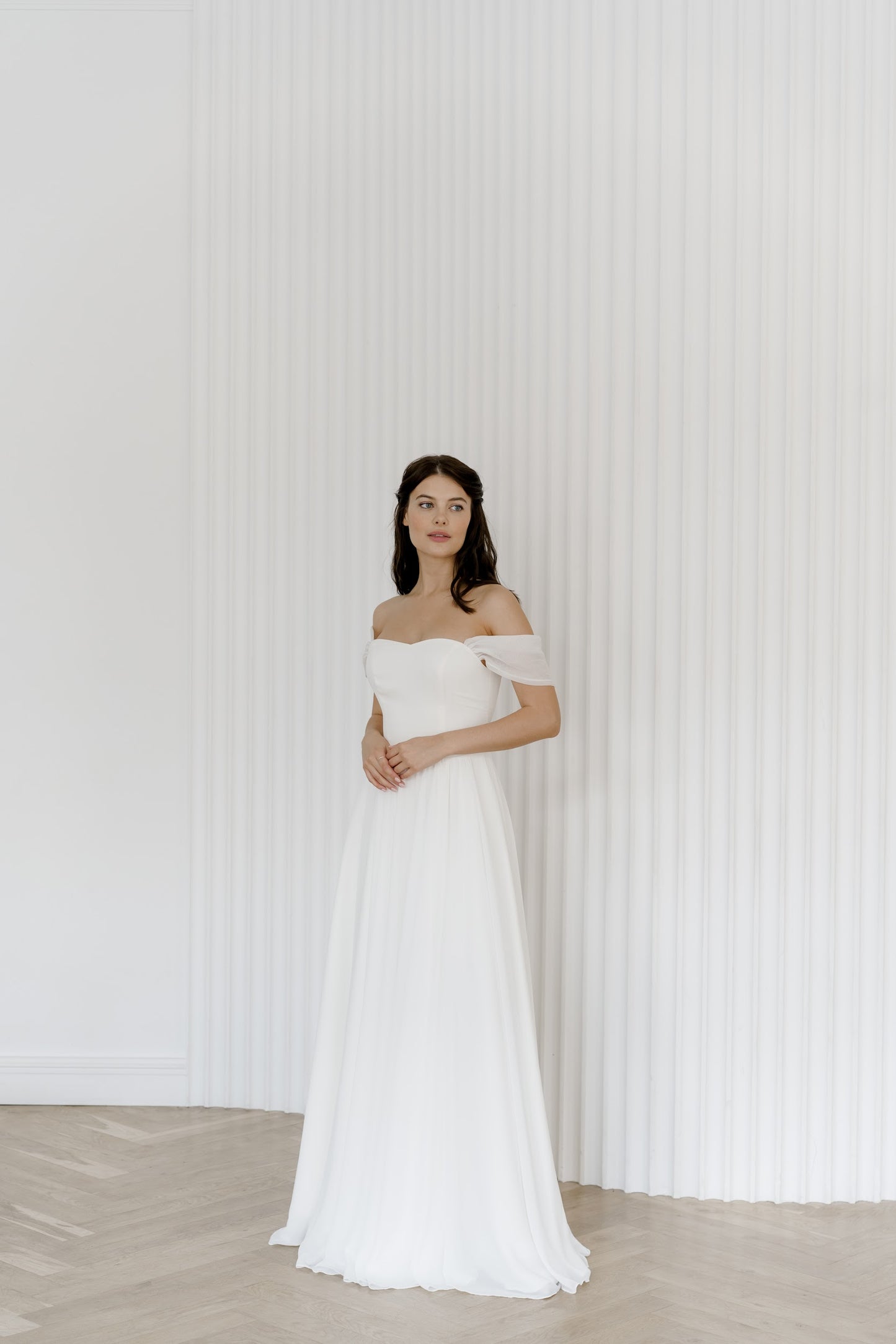 Off shoulder wedding dress • chiffon wedding dress • classic bridal gown