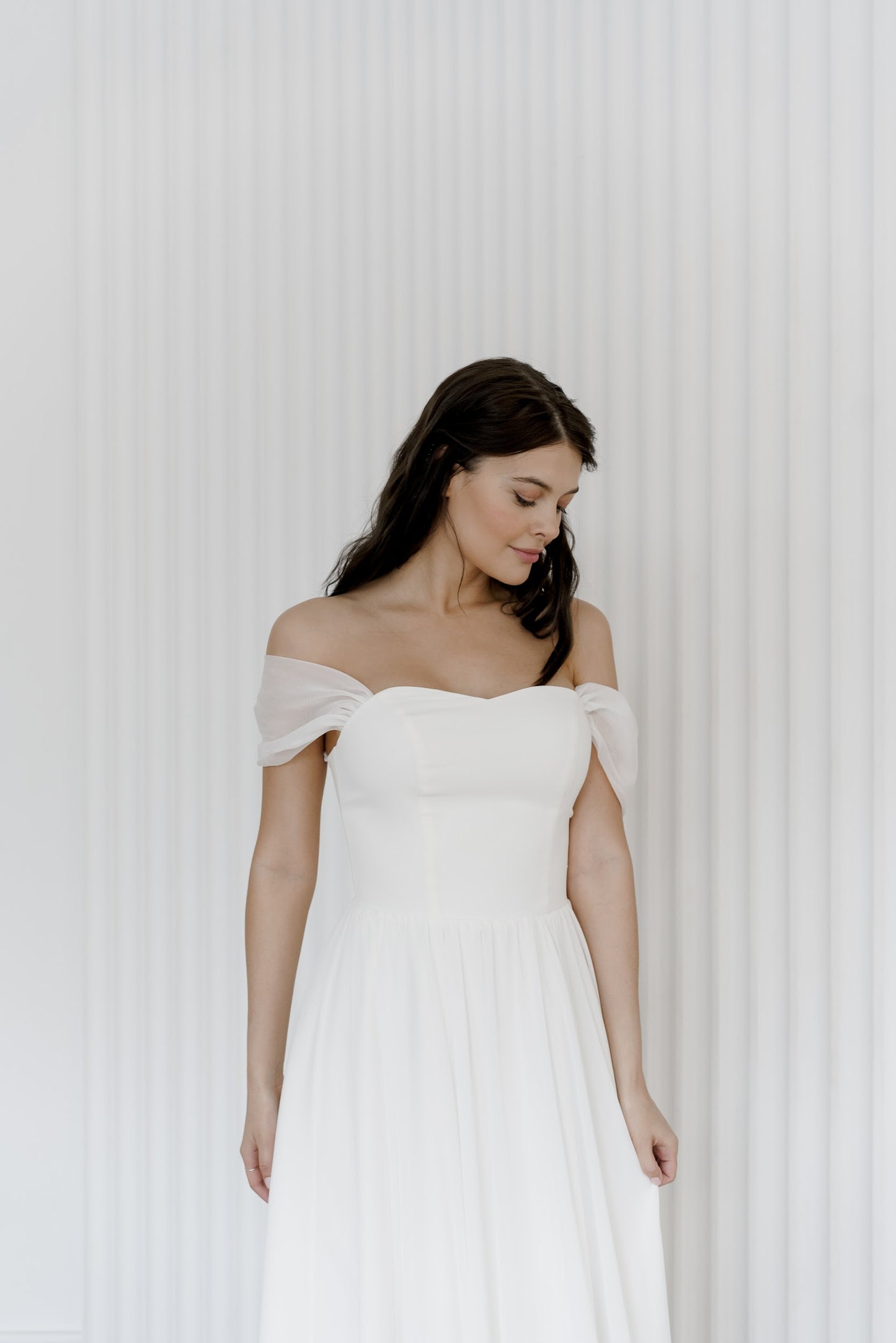 Off shoulder wedding dress • chiffon wedding dress • classic bridal gown