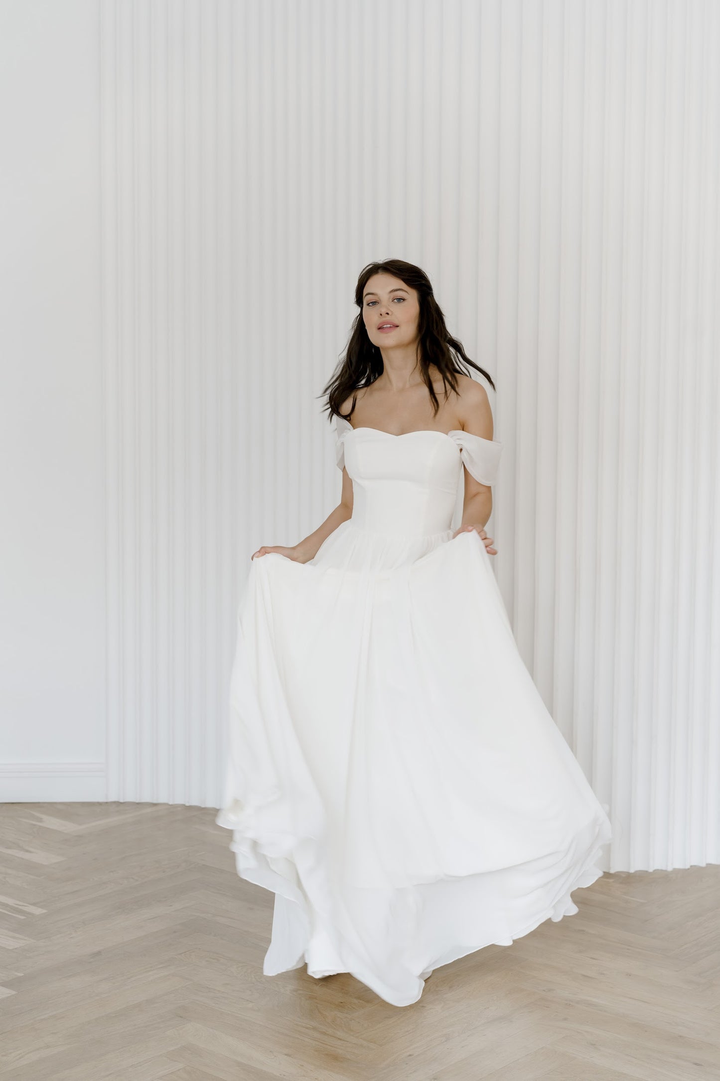 Off shoulder wedding dress • chiffon wedding dress • classic bridal gown