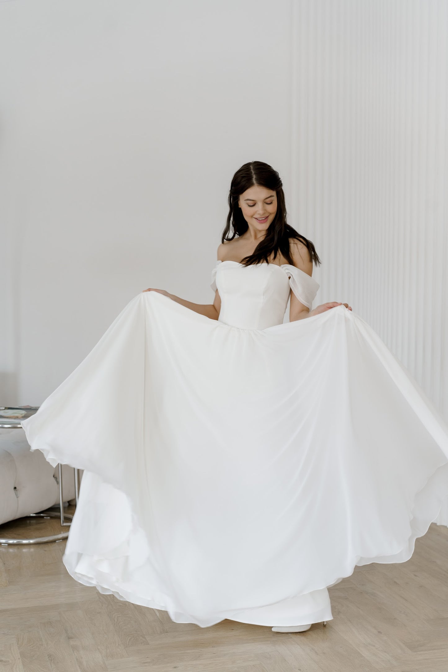 Off shoulder wedding dress • chiffon wedding dress • classic bridal gown