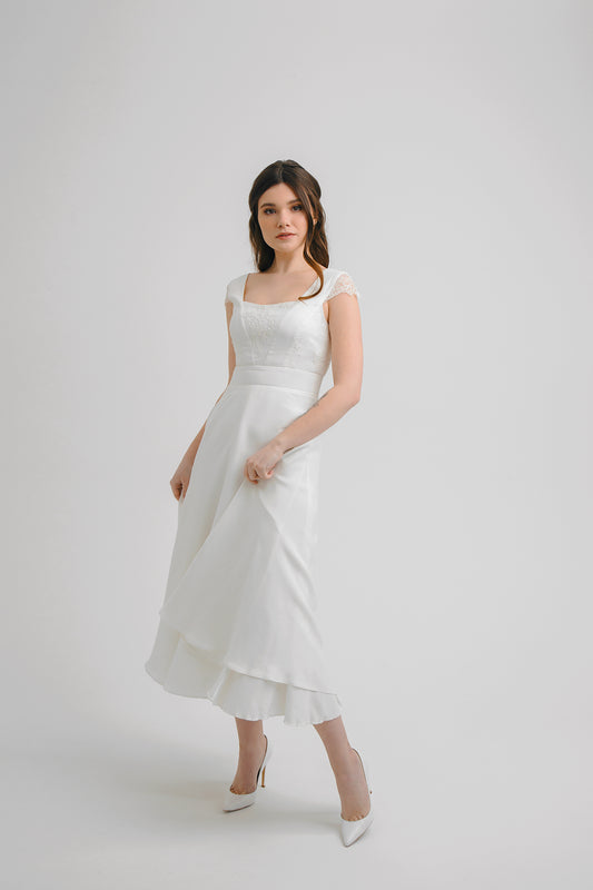 Tea length wedding dress • short wedding dress • midi wedding dress • lace wedding dress • minimalist wedding dress • reception wedding dress