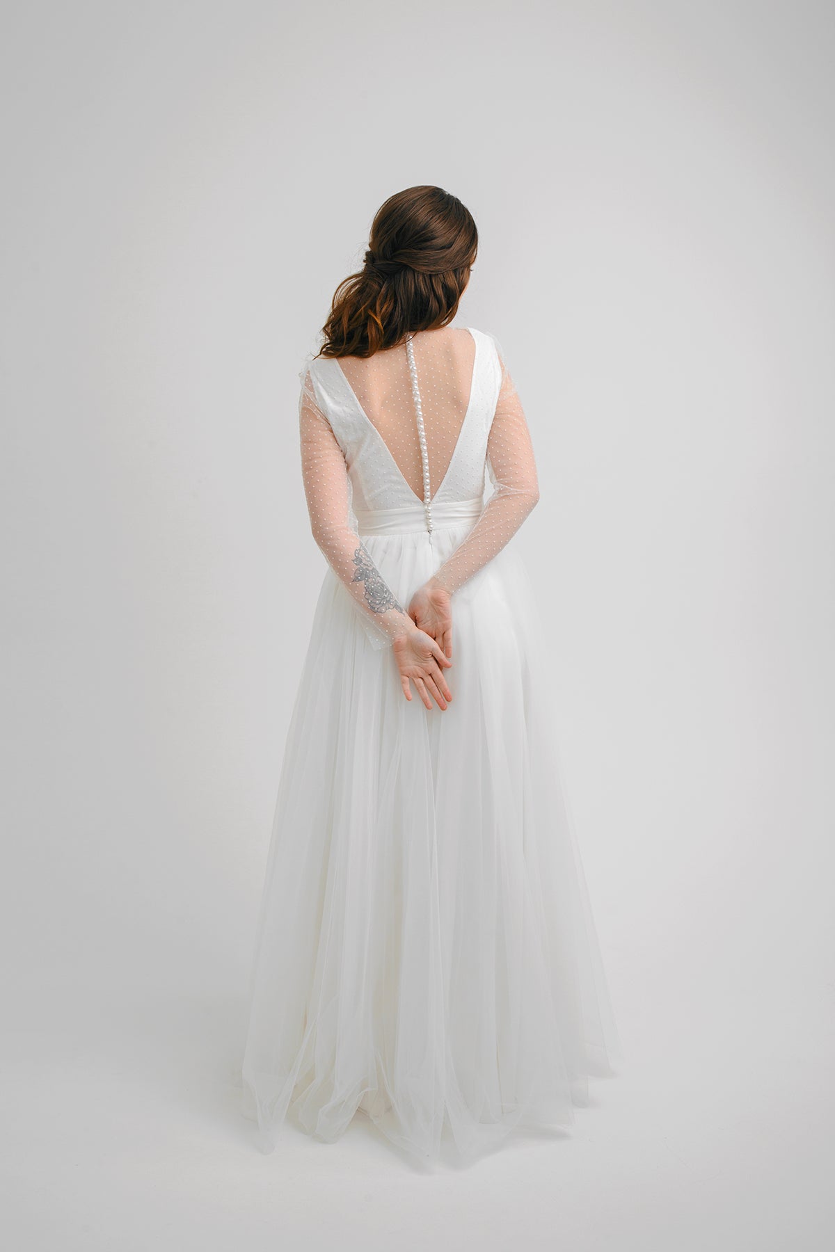 Tulle wedding dress • simple wedding dress • open back • boho wedding dress • minimalist wedding dress • polka dot upper elegant gown