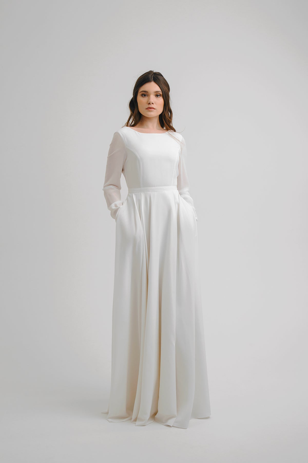 Modest wedding dress with pockets, A-Line dress, long sleeves crepe wedding dress