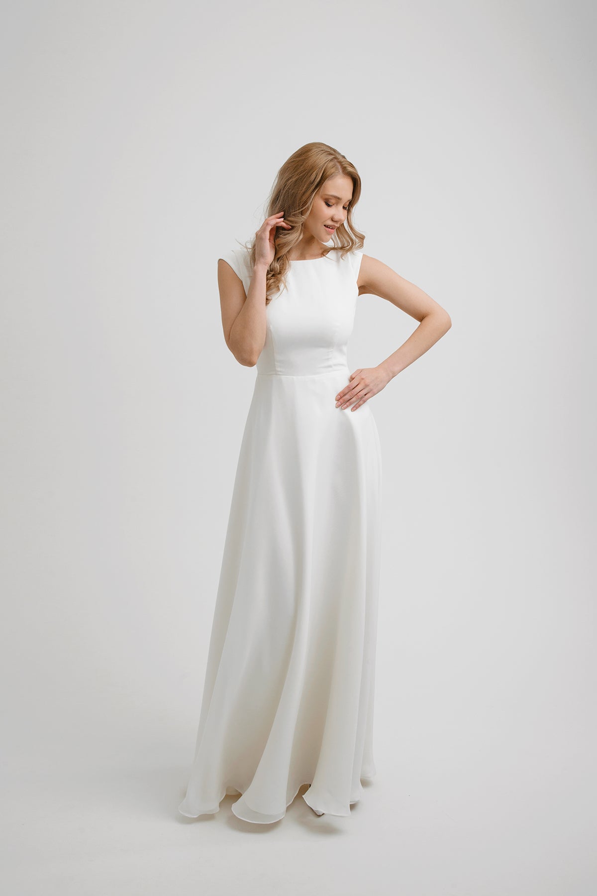 Chiffon wedding dress • simple wedding dress • cap sleeve with open back • minimalist wedding dress • a-line wedding dress