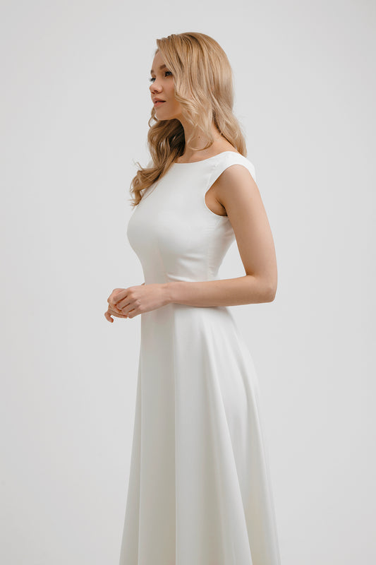 Chiffon wedding dress • simple wedding dress • cap sleeve with open back • minimalist wedding dress • a-line wedding dress