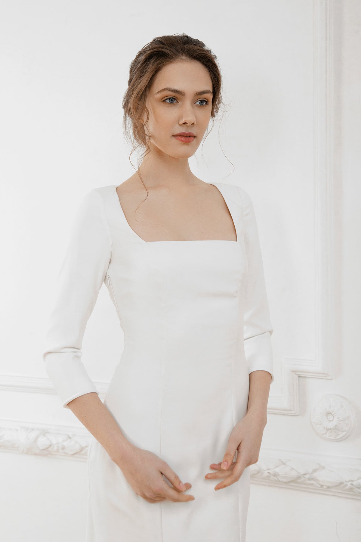 Sexy wedding dress with square neckline • simple wedding dress • crepe wedding dress • reception dress • long sleeve dress