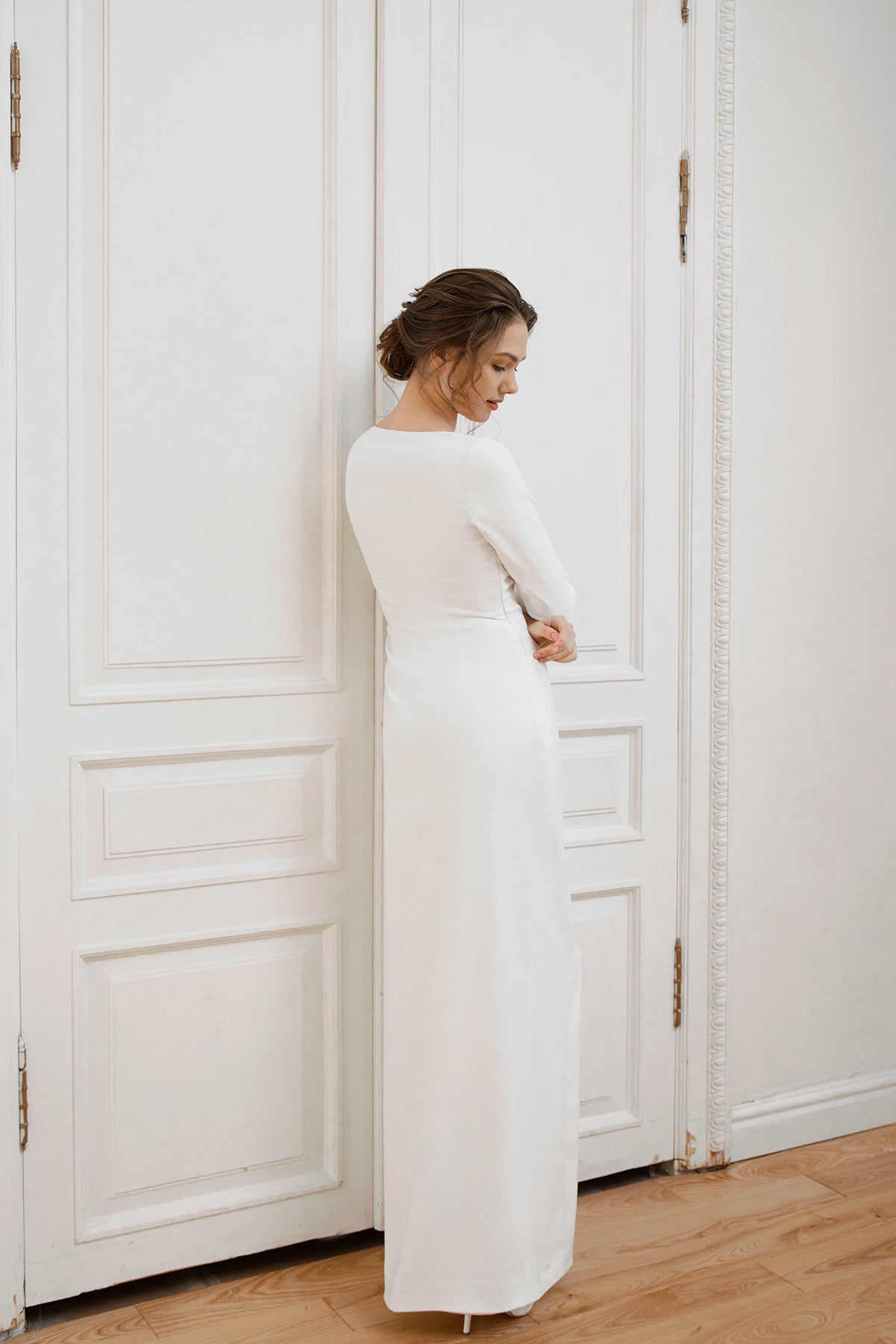 Sexy wedding dress with square neckline • simple wedding dress • crepe wedding dress • reception dress • long sleeve dress