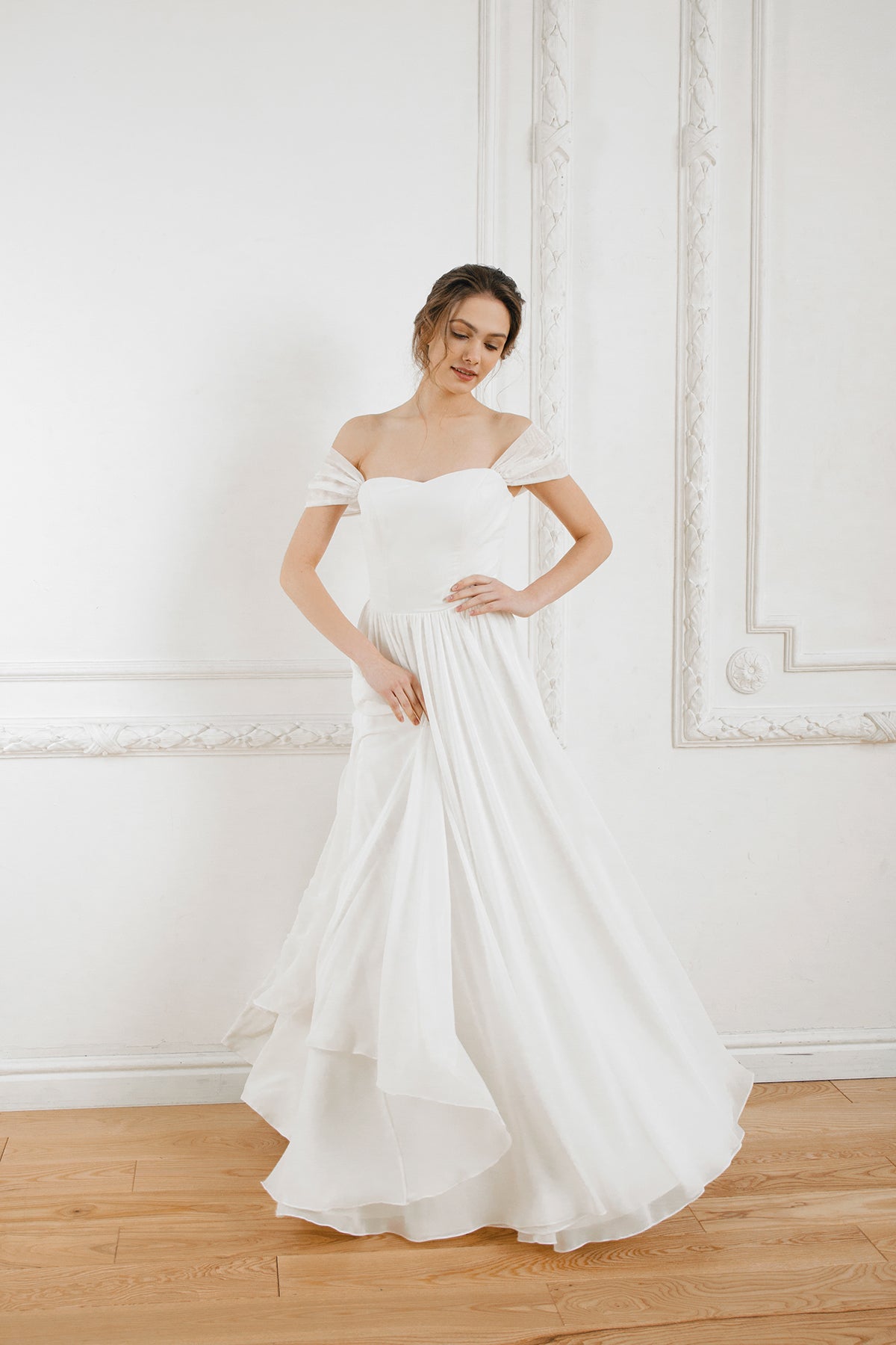 Off shoulder wedding dress • chiffon wedding dress • classic bridal gown