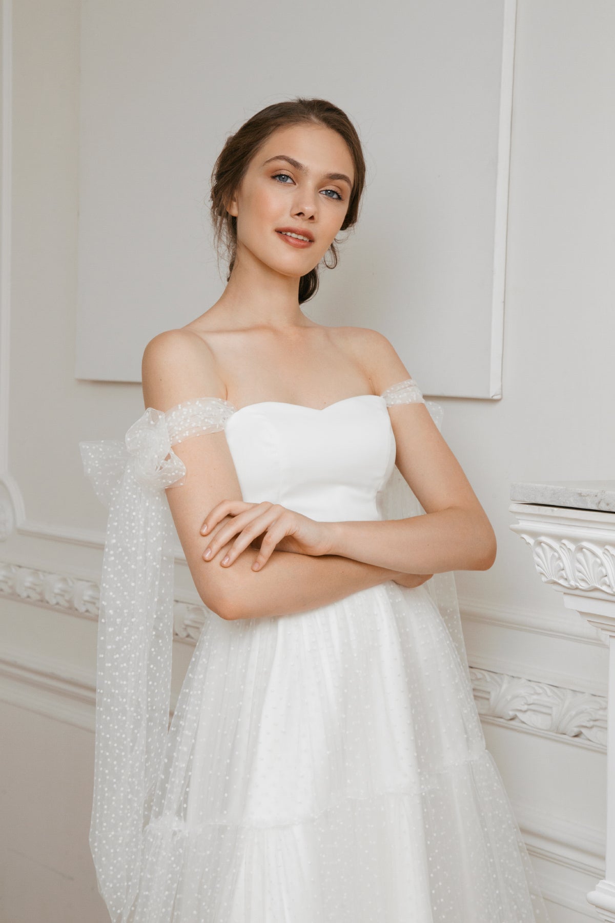 Midi tulle wedding dress • minimalist off shoulder dress • 50s wedding ...