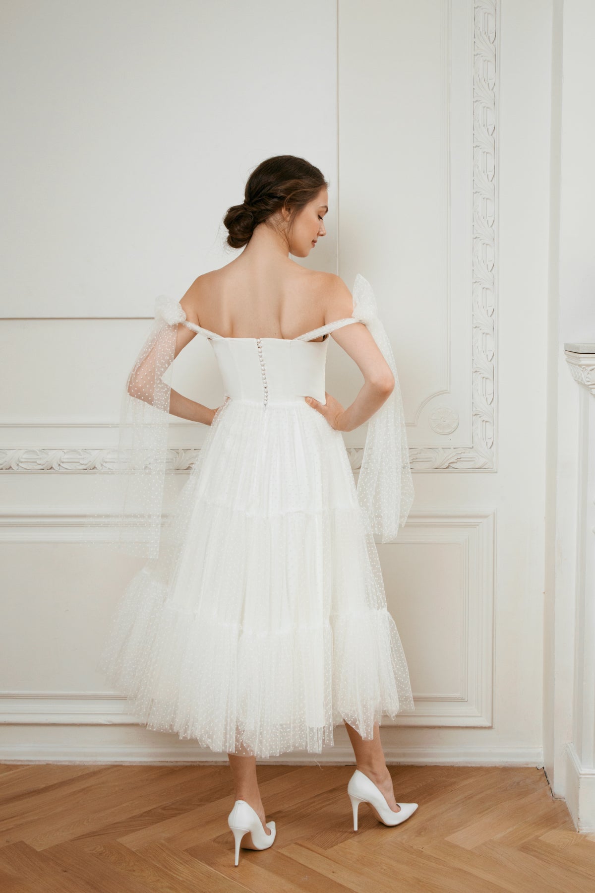 Midi tulle wedding dress • minimalist off shoulder dress • 50s wedding • tea length