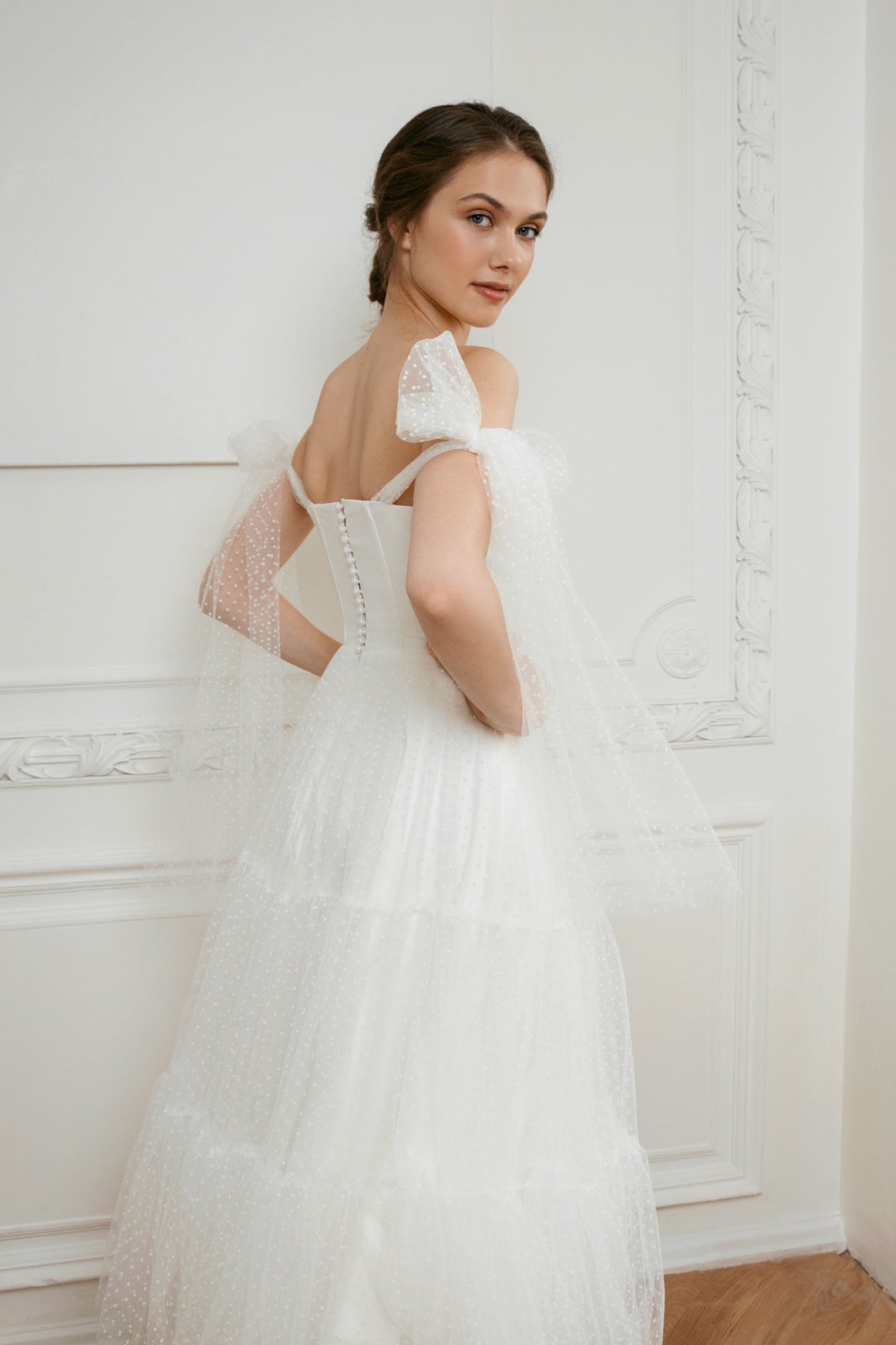 Midi tulle wedding dress • minimalist off shoulder dress • 50s wedding • tea length