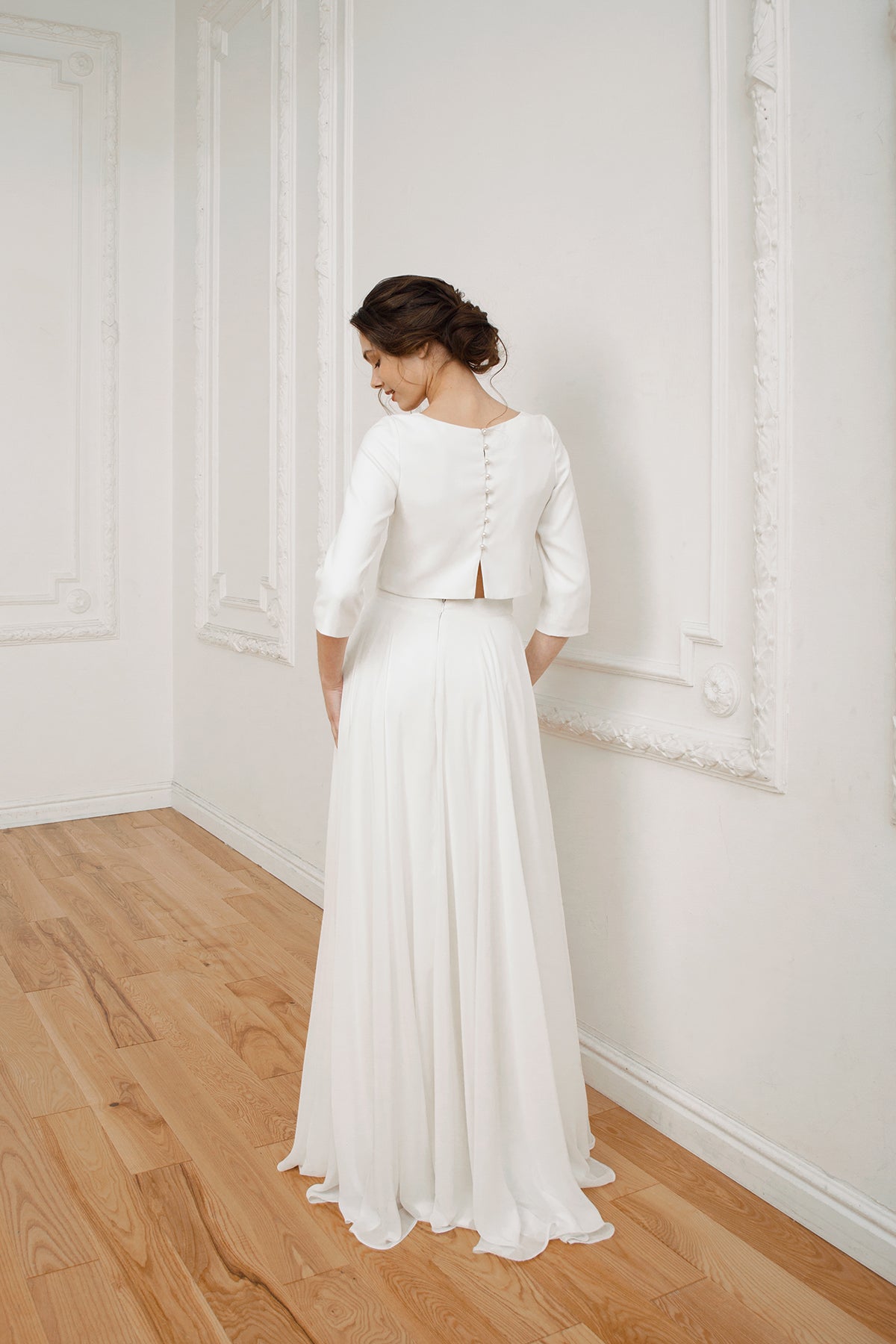 Crop top wedding dress • high low chiffon skirt • unique wedding dress