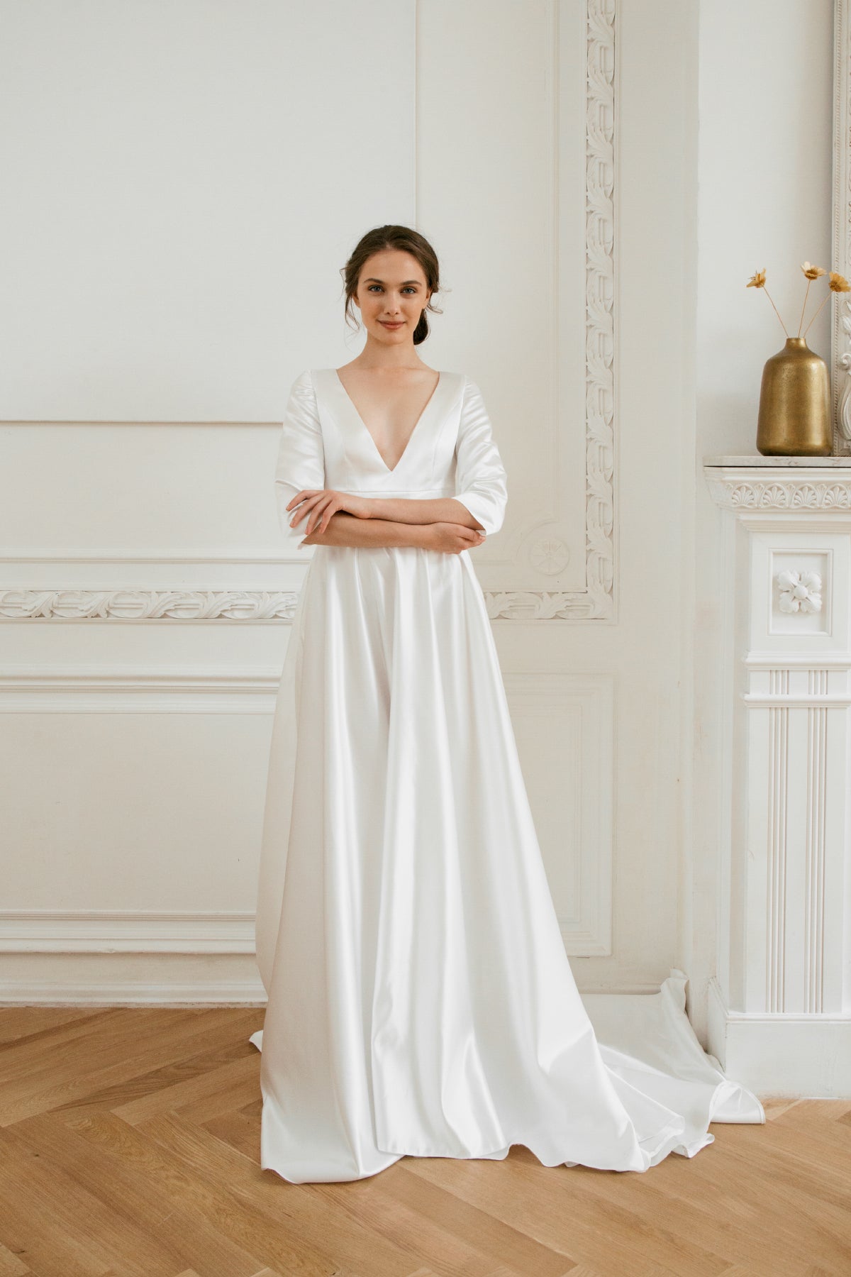 Long sleeve wedding dress • simple wedding dress • deep v-neck • minimalist wedding dress • elegant bridal gown • modest wedding dress
