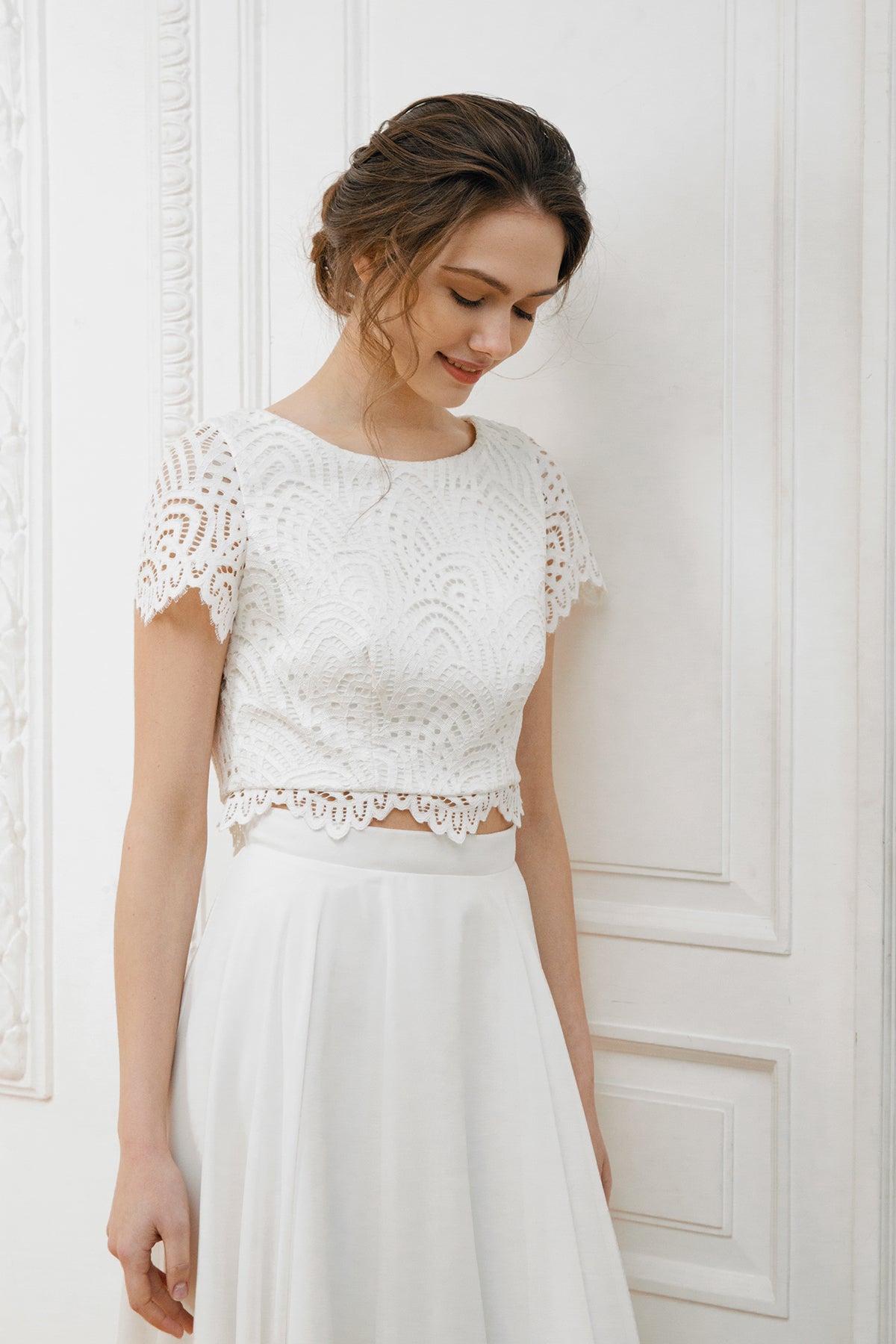 Crop top wedding dress • high low chiffon skirt • minimalistic wedding dress