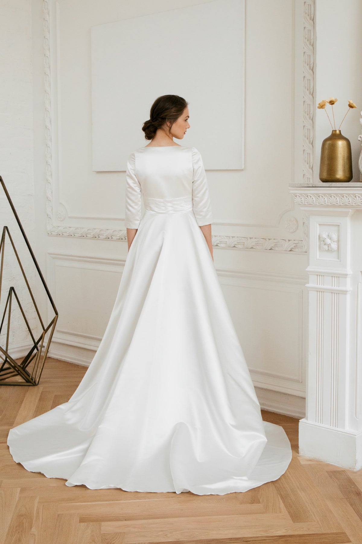 Long sleeve wedding dress • simple wedding dress • deep v-neck • minimalist wedding dress • elegant bridal gown • modest wedding dress
