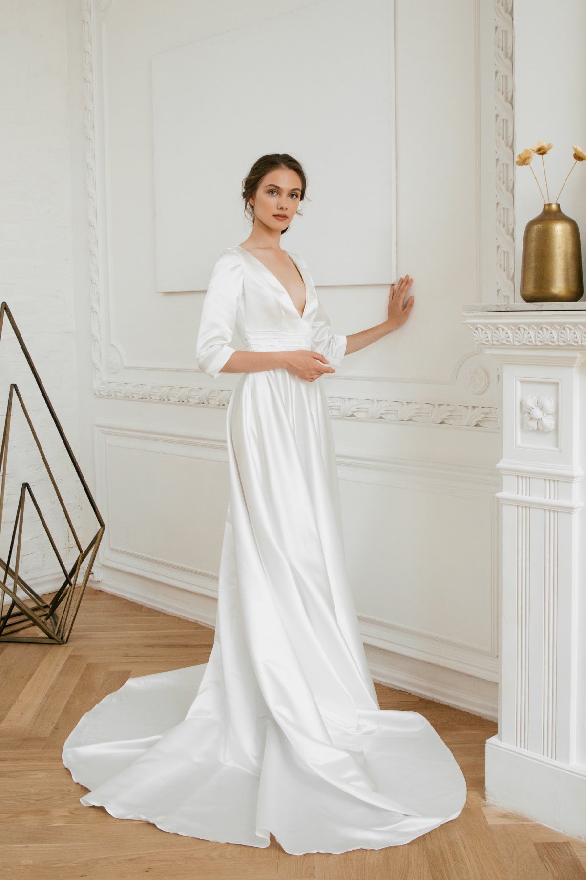 Elegant Long Sleeve Modest Mermaid Wedding Dress Simple Satin Lds  Minimalist Gown with Court Train - June Bridals