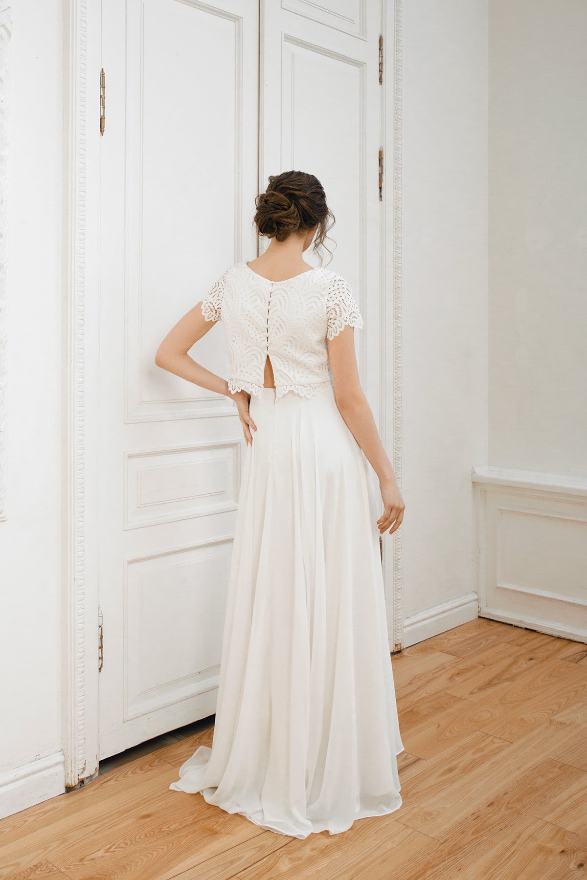 Crop top wedding dress • high low chiffon skirt • minimalistic wedding dress