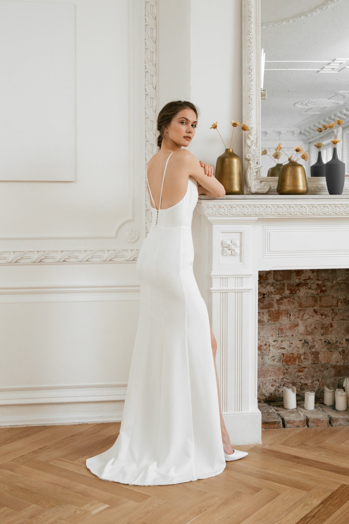Open back wedding dress • skirt with slit • spaghetti straps • elegant wedding gown