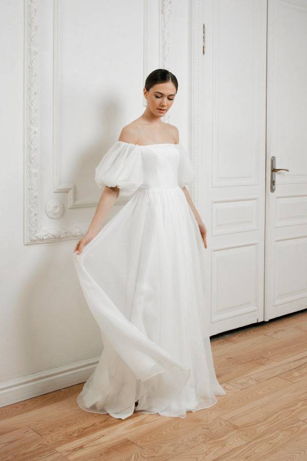 Off shoulder wedding dress • minimalist bridal gown