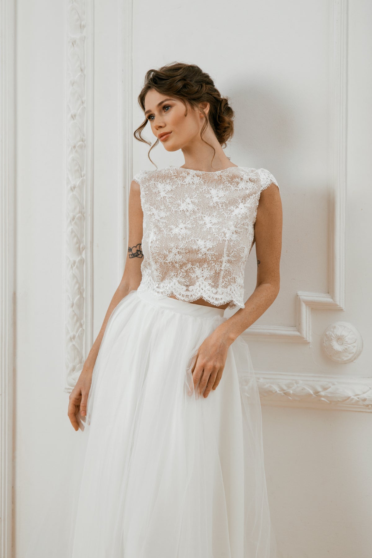 Lace crop top wedding dress • two piece bridal gown • alternative party dress