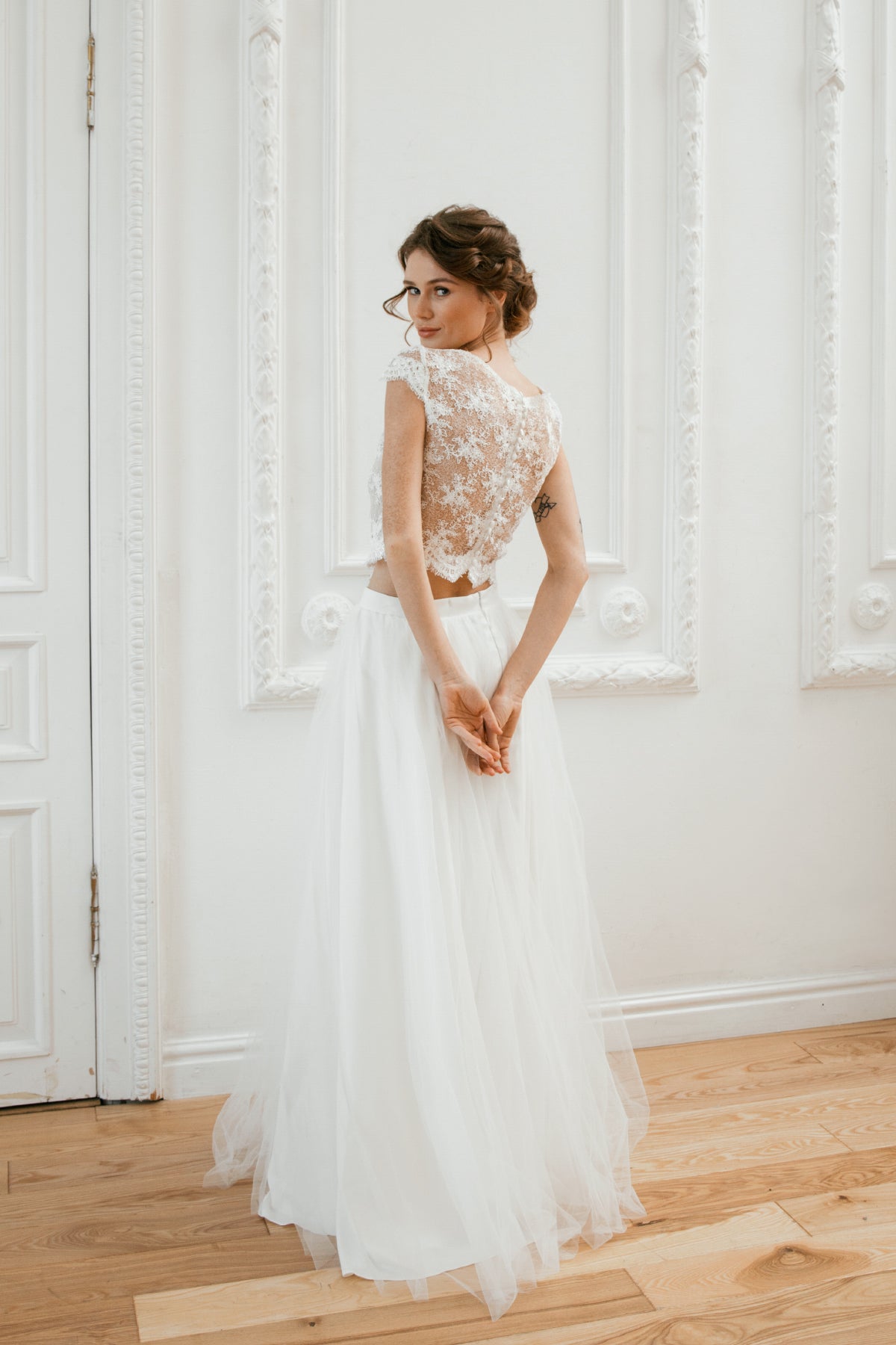 Lace crop top wedding dress • two piece bridal gown • alternative part –  BridalgardenStudio