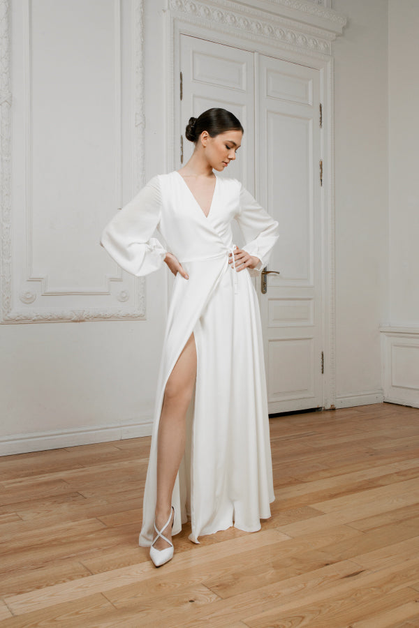 Crepe wedding dress • long sleeve • deep V-neckline • wrap style • romantic and sexy silhouette •