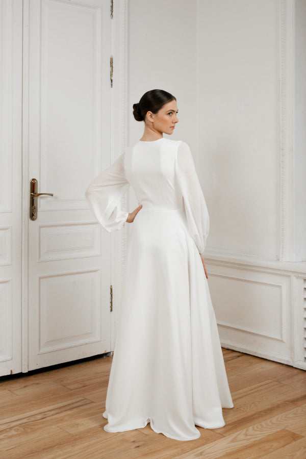 Crepe wedding dress • long sleeve • deep V-neckline • wrap style • romantic and sexy silhouette •