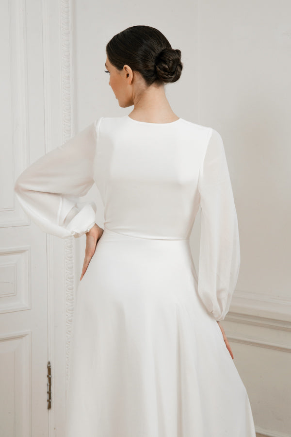 Crepe wedding dress • long sleeve • deep V-neckline • wrap style • rom –  BridalgardenStudio