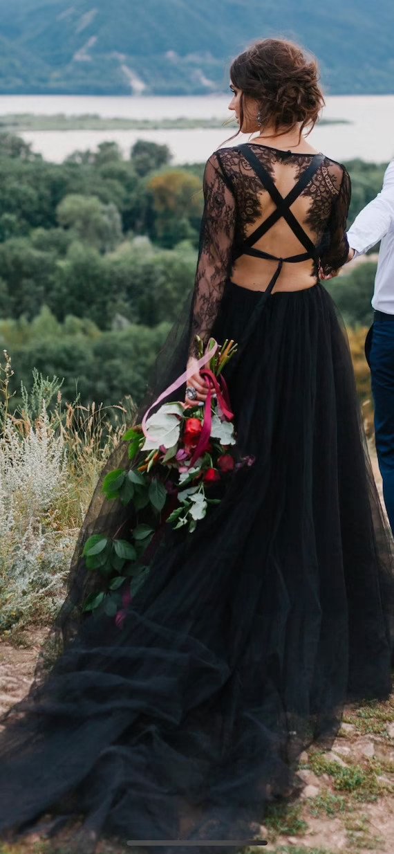 Black wedding dress gothic dress lace wedding dress long sleeve dress casual wedding dress boho wedding dress evening dress