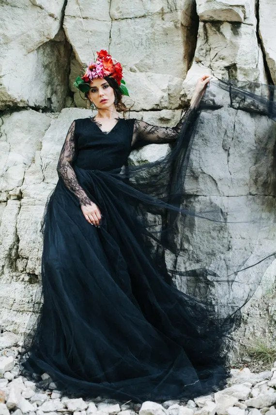 Black wedding dress gothic dress lace wedding dress long sleeve dress casual wedding dress boho wedding dress evening dress