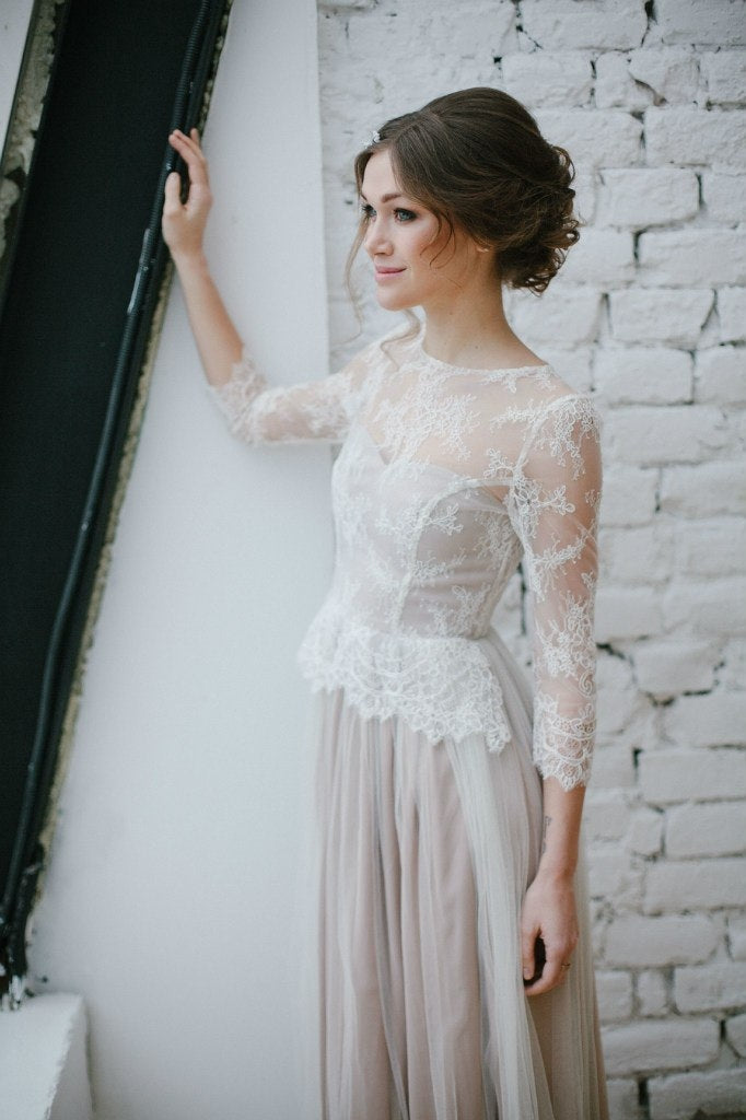 Long sleeve wedding dress tulle wedding dress french lace wedding dress classic wedding dress simple wedding dress bridal gown