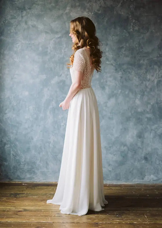 Lace wedding dress • elegant wedding dress • simple wedding dress • V back • boho wedding dress • beach wedding dress • bridal gown