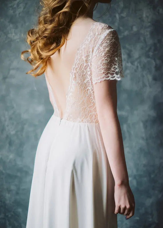 Lace wedding dress • elegant wedding dress • simple wedding dress • V back • boho wedding dress • beach wedding dress • bridal gown