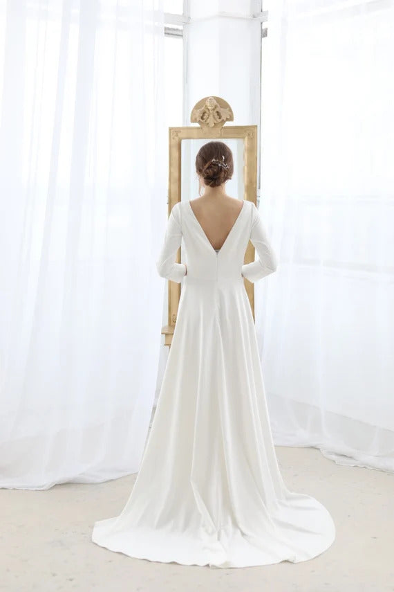 Open back wedding dress with train • minimalist wedding dress • classic wedding dress • boho wedding dress • long sleeve wedding dress