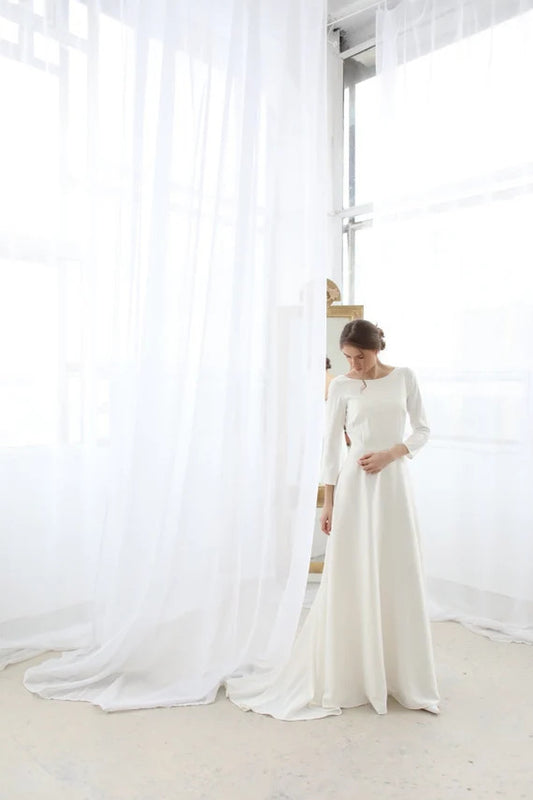 Open back wedding dress with train • minimalist wedding dress • classic wedding dress • boho wedding dress • long sleeve wedding dress