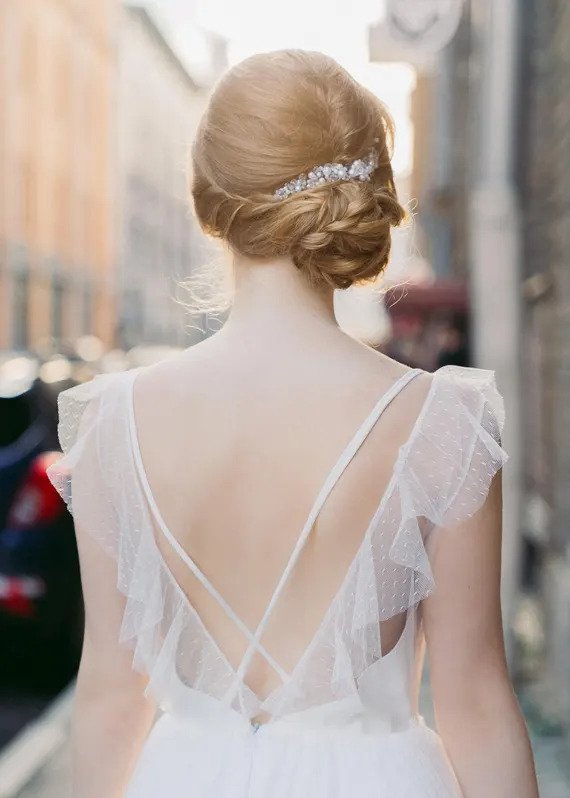 Lace wedding dress • simple wedding dress • minimalist wedding dress • open back wedding dress • chiffon wedding dress • boho wedding dress